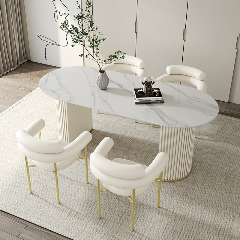 Contemporary Stone Top Oval Dining Table with Metal Legs for Dining Room