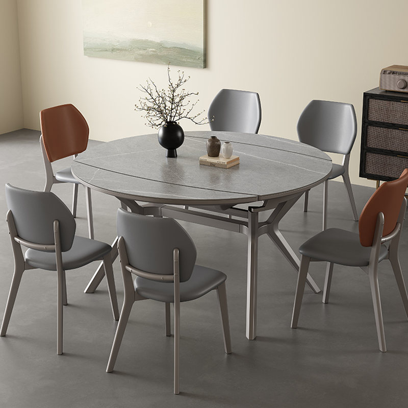 Minimalist Rounded Slate Dining Table Set with 4 Legs, Fold-away Leaf, and Light Gray/White Finish