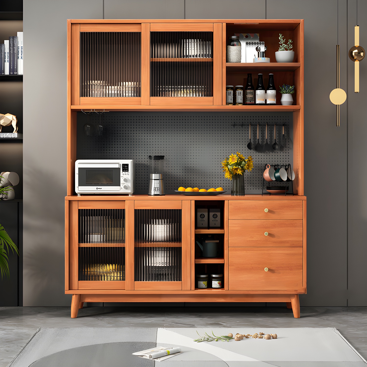 Modern Style Solid Wood Storage Sideboard Cabinet with Glass Doors and Drawers