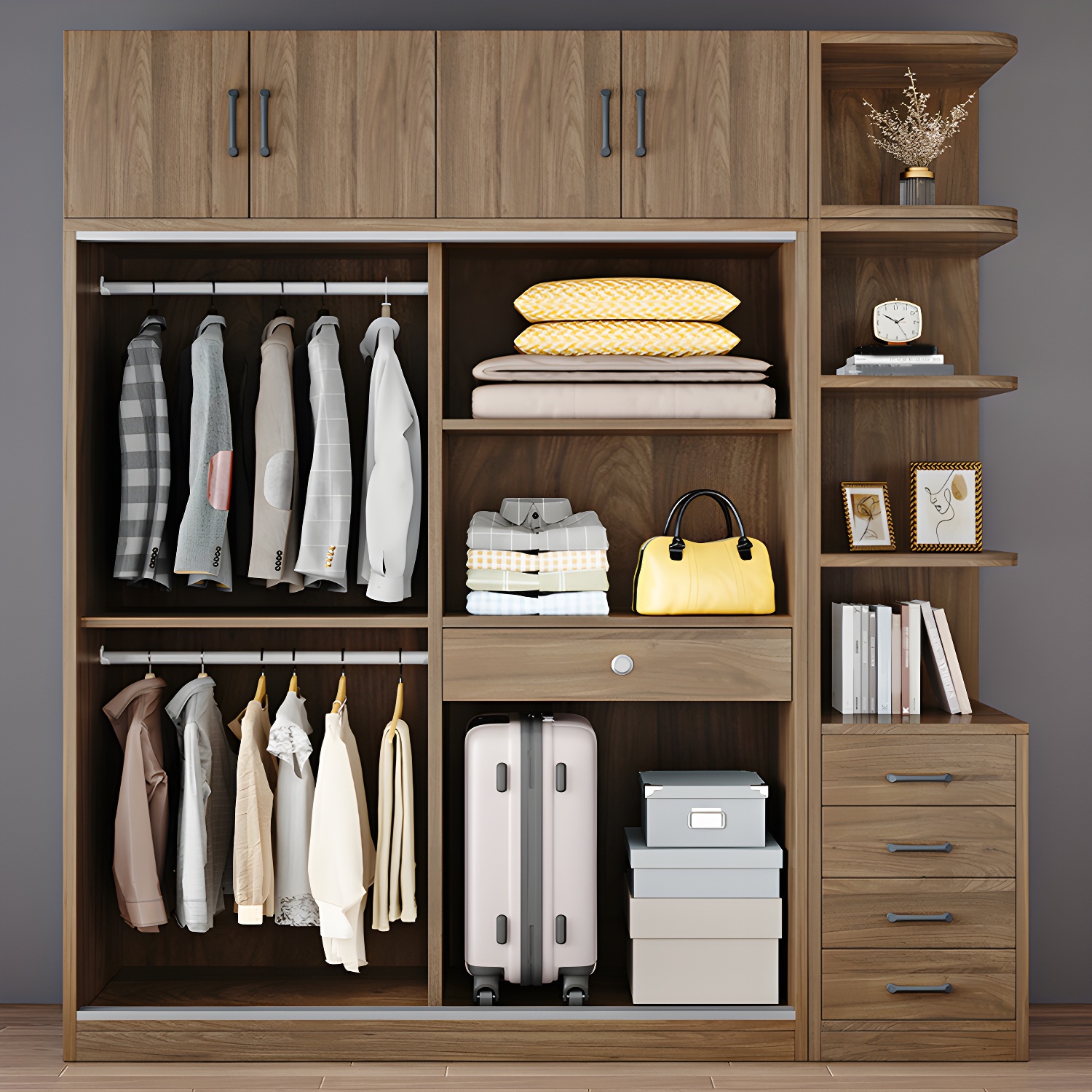 Modern Style Freestanding Wardrobe Pine Wood Wardrobe with Drawer