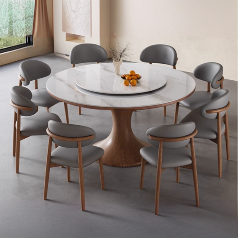 Dining Table Set with Rounded Stump Base, Fixed Table, Padded Chair, Back, 5-piece in White