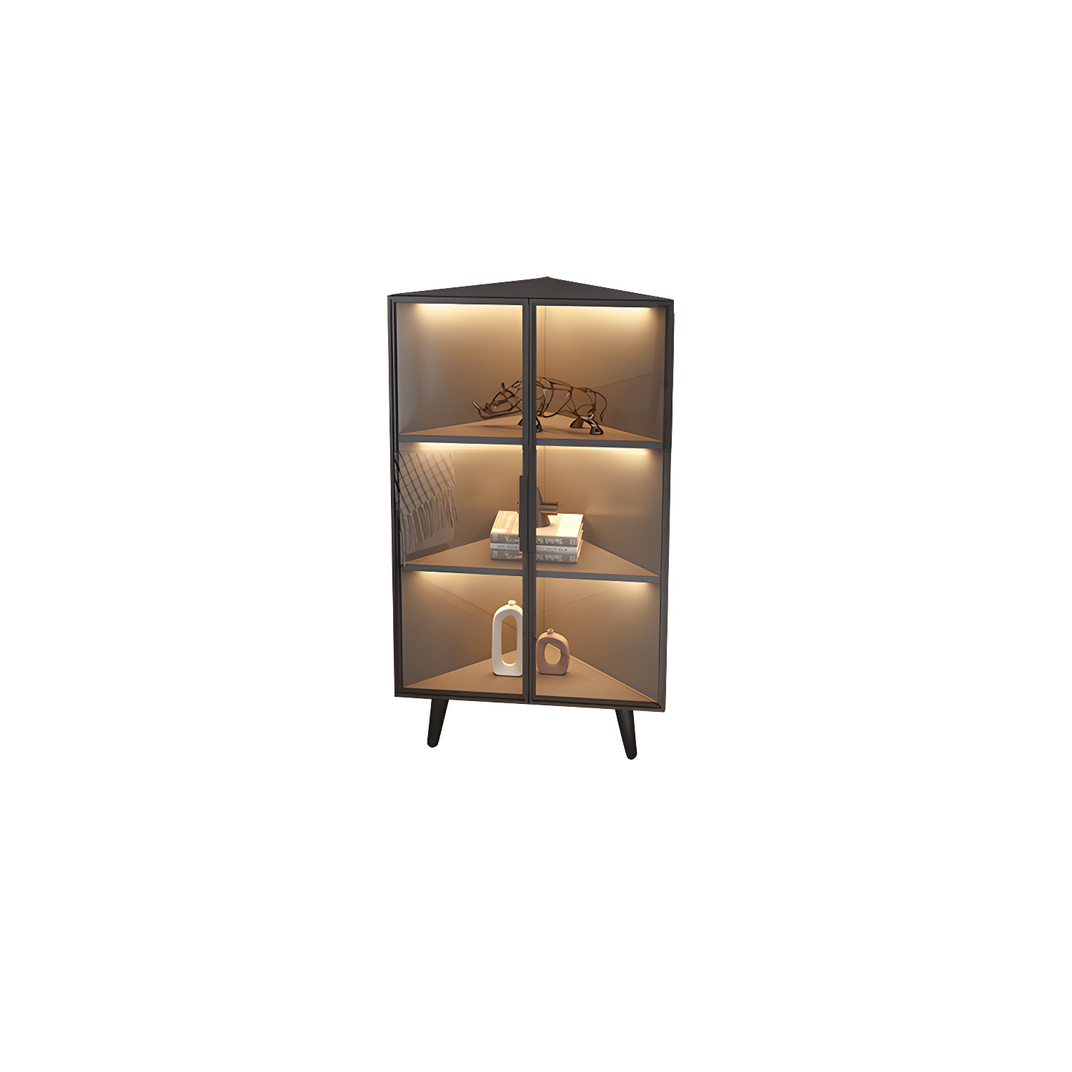 Corner Modern Accent Cabinet with Black Metal Base and Glass Doors, Black Wood Counter Top - image 5