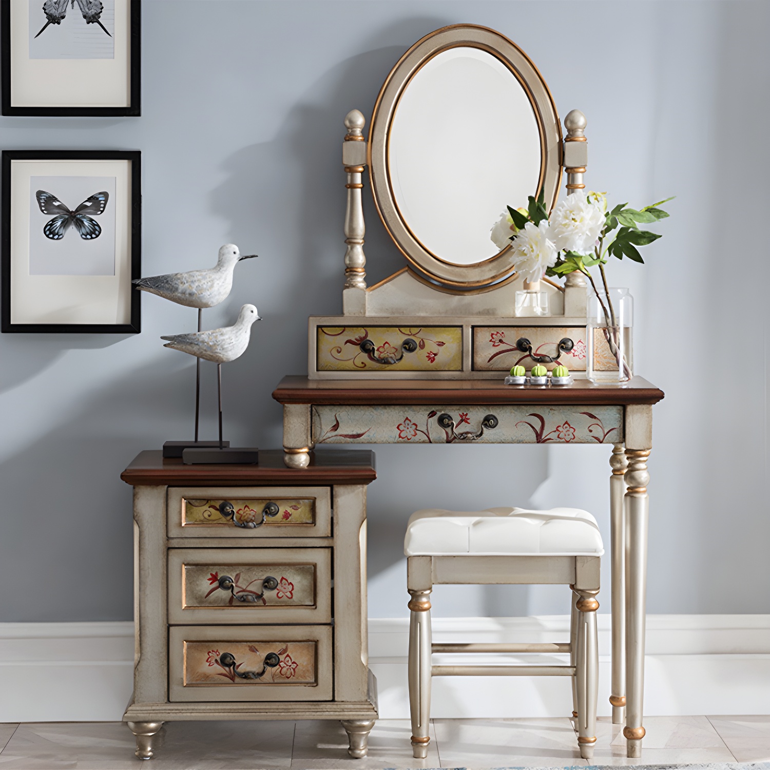 Victorian Vanity Set Solid Wood Drawers Included Makeup Dressing Table With Mirror & Stool - image 5