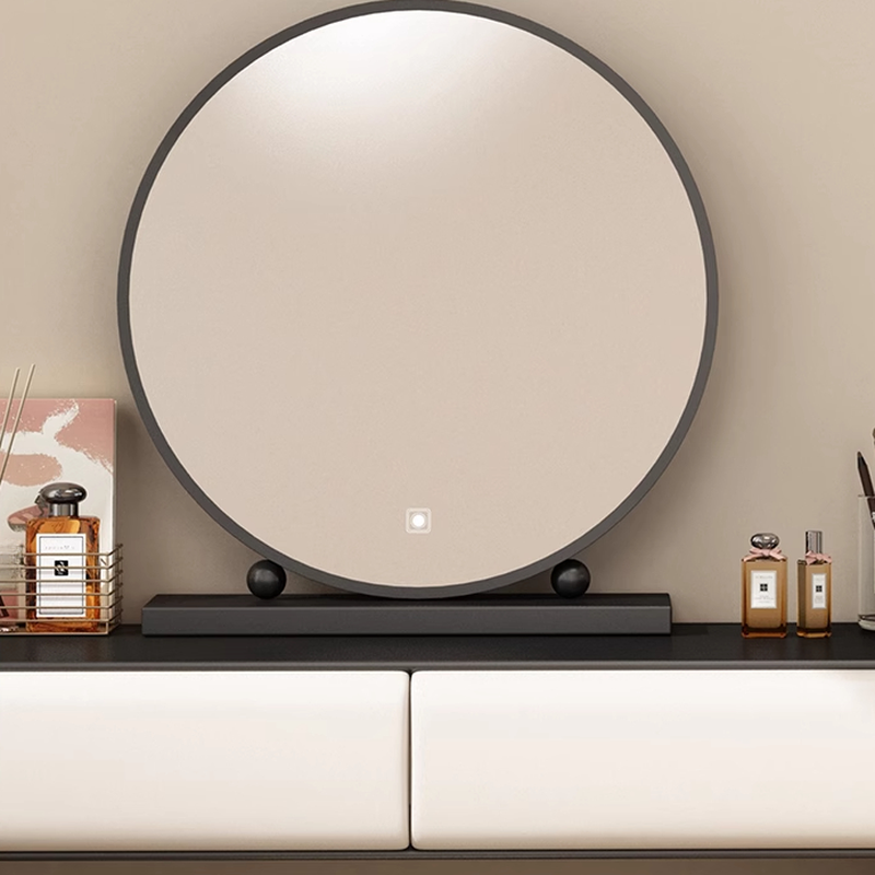 Simplistic Large Vanity Set with Lumber Table Top, Cream Seat, 5 Drawers, and Mirror Lights