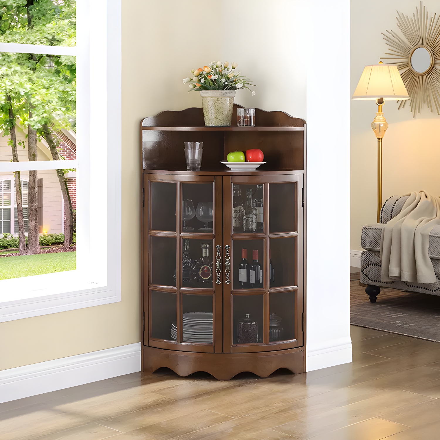 Corner Mid-Century Modern Accent Cabinet with Wood Countertop and Glass Doors - image 5