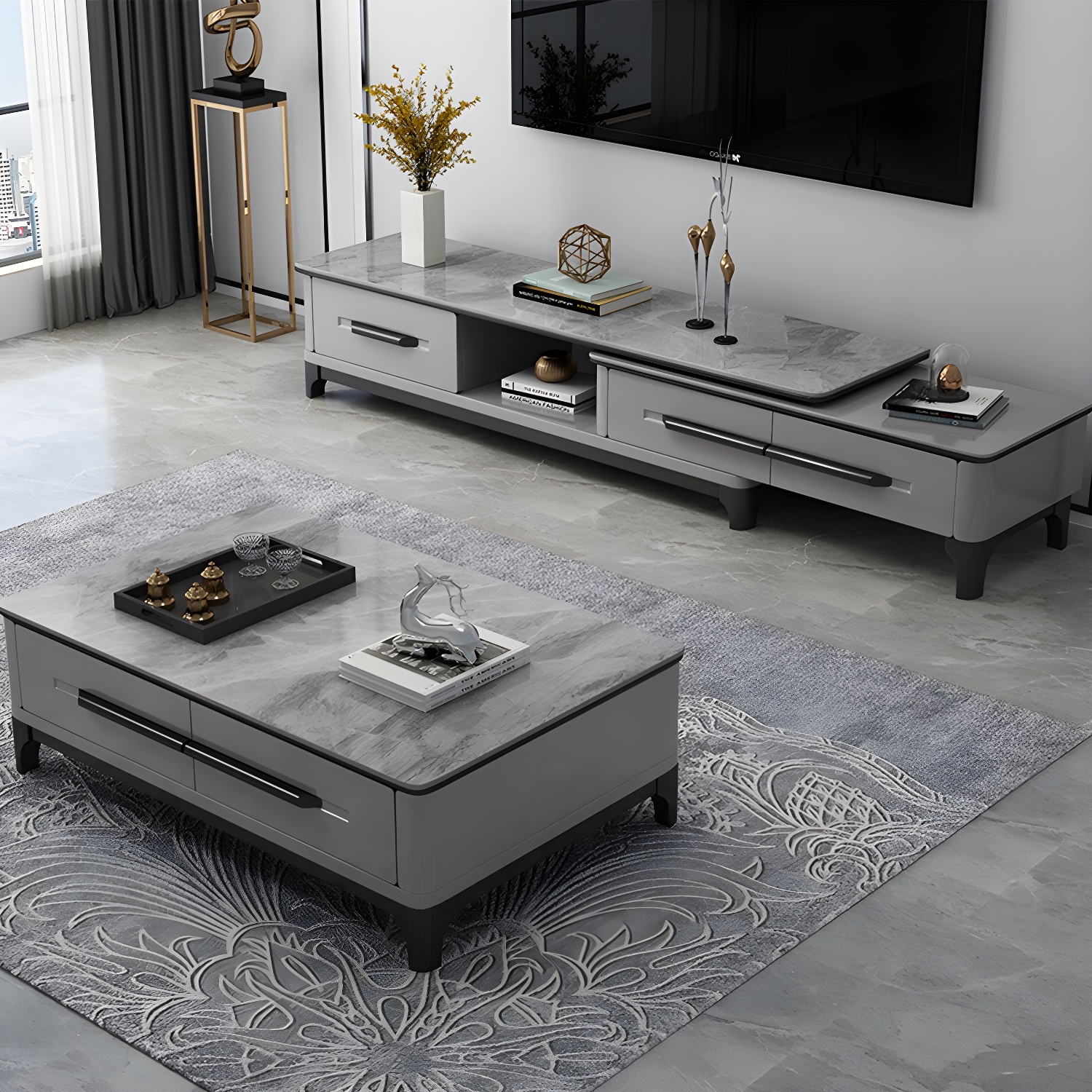 Modern Stone TV Stand with Long Length, Open Storage and Drawers featuring Wood Shelves