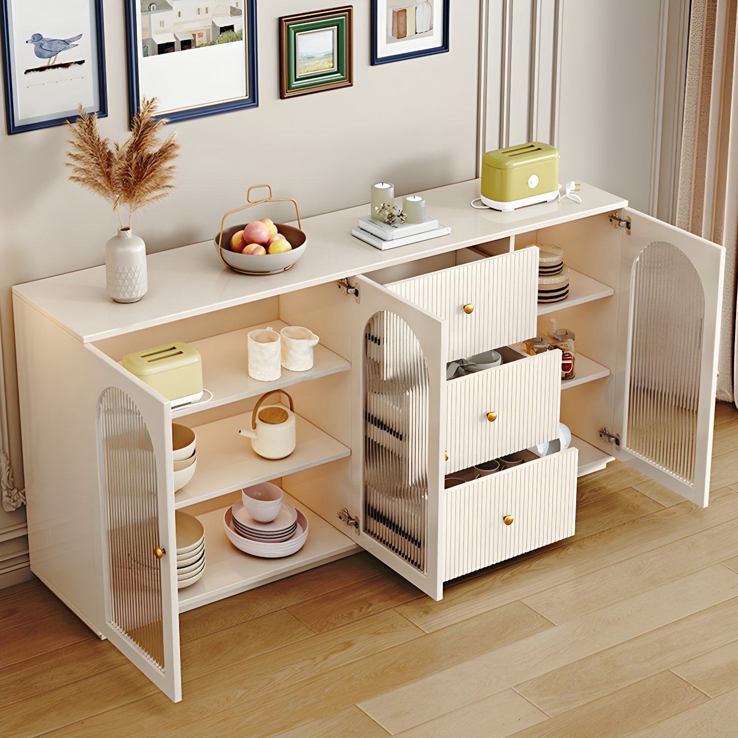 Glam White Wood Sideboard Credenza with Glass Doors and Adjustable Shelves - image 4