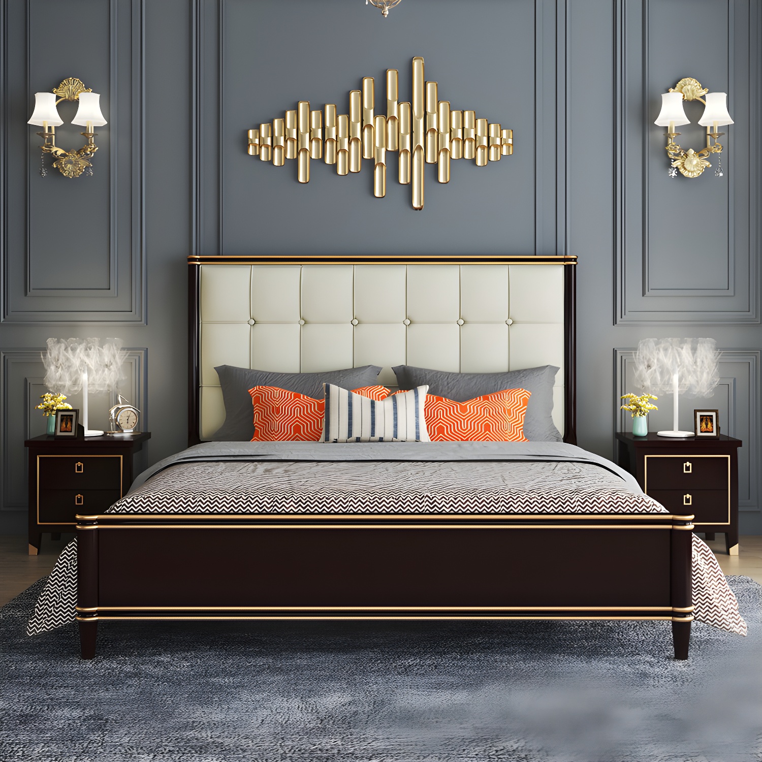 Modern Standard Bed with Tufted Upholstered Headboard and Soild Wood Legs