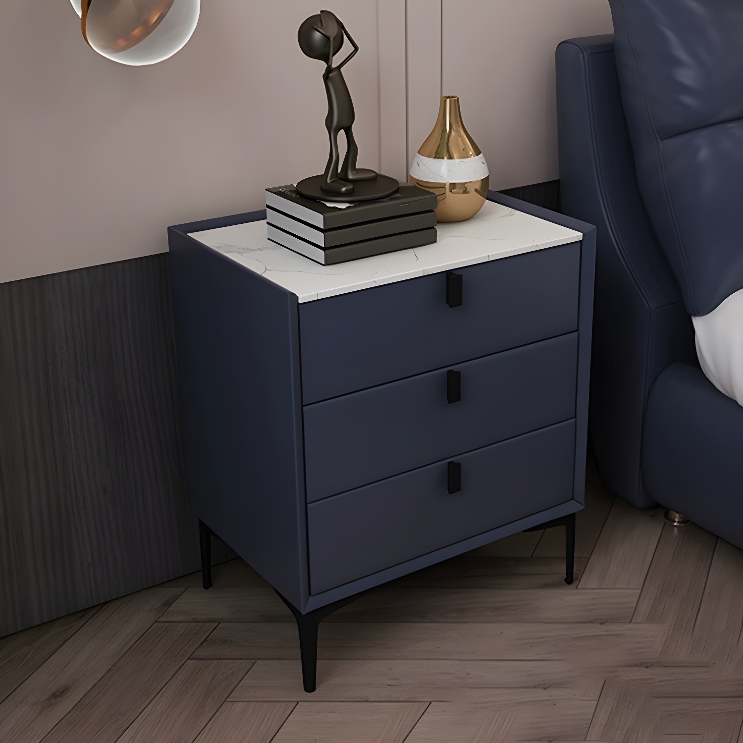 Glam Style Sintered Stone Top 3 Drawers Nightstand for Bedroom
