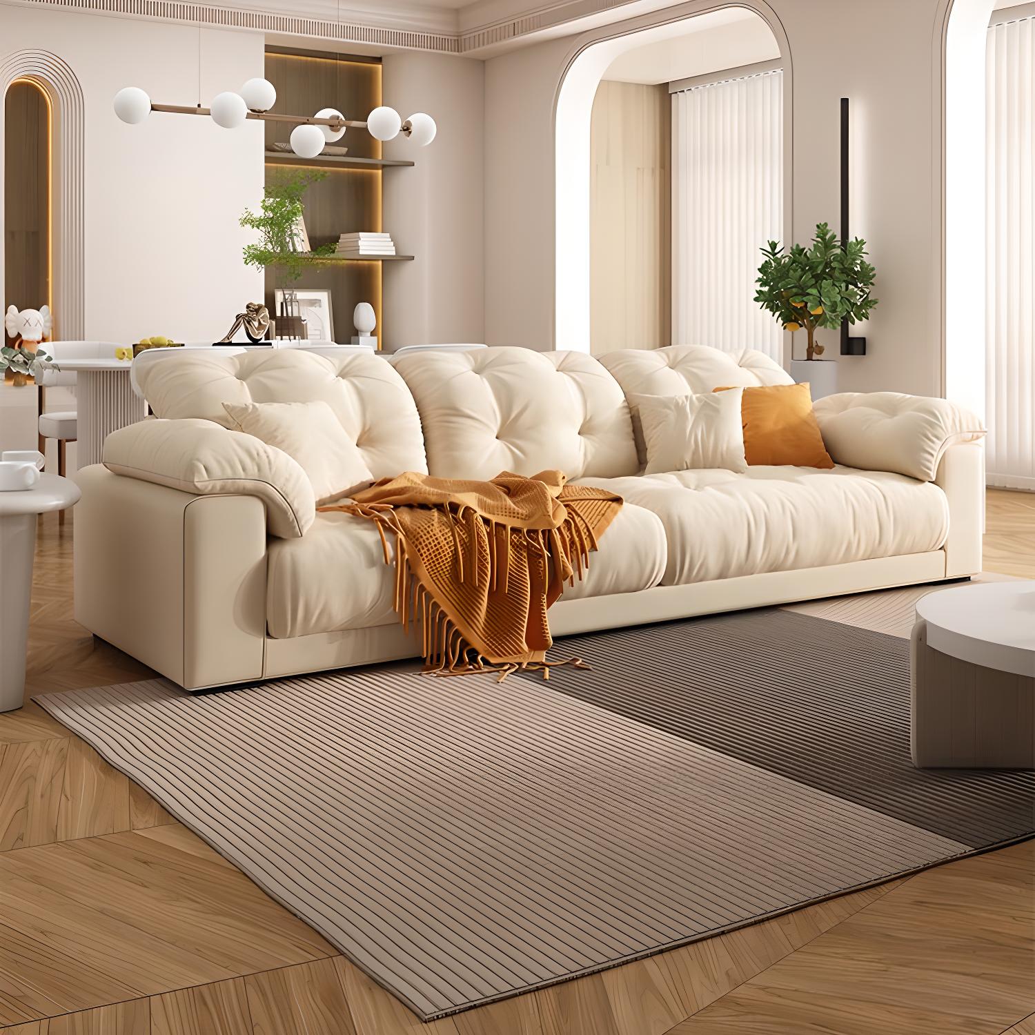 Modern Tufted Sectional Sofa in Off-White with Pillow Top Arm