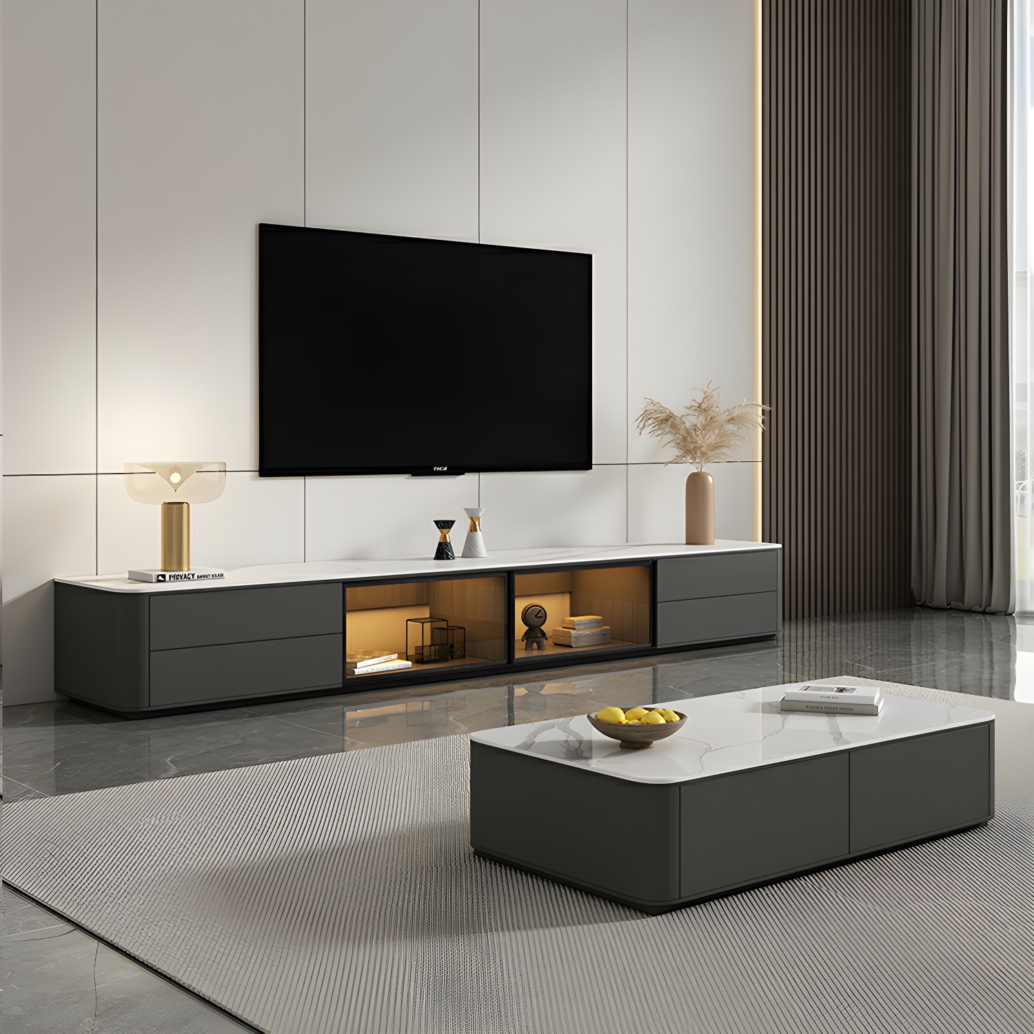 Grey Stone TV Stand with Drawers and Cabinet and No Cable Management for Modern-Style Long TVs - image 3