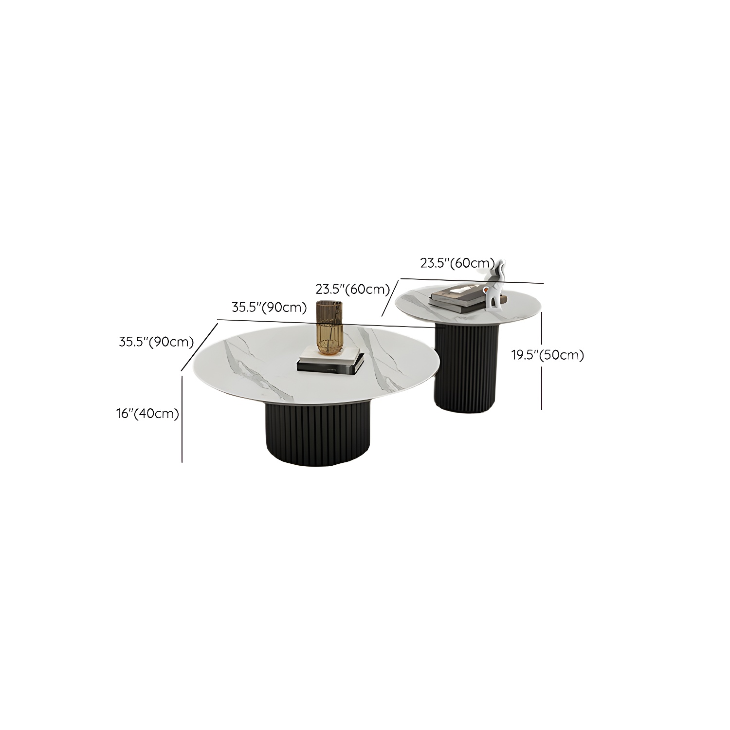 Set of Two Modern Round Black Coffee Tables with White Stone Tops and Iron Pedestal Bases - image 16