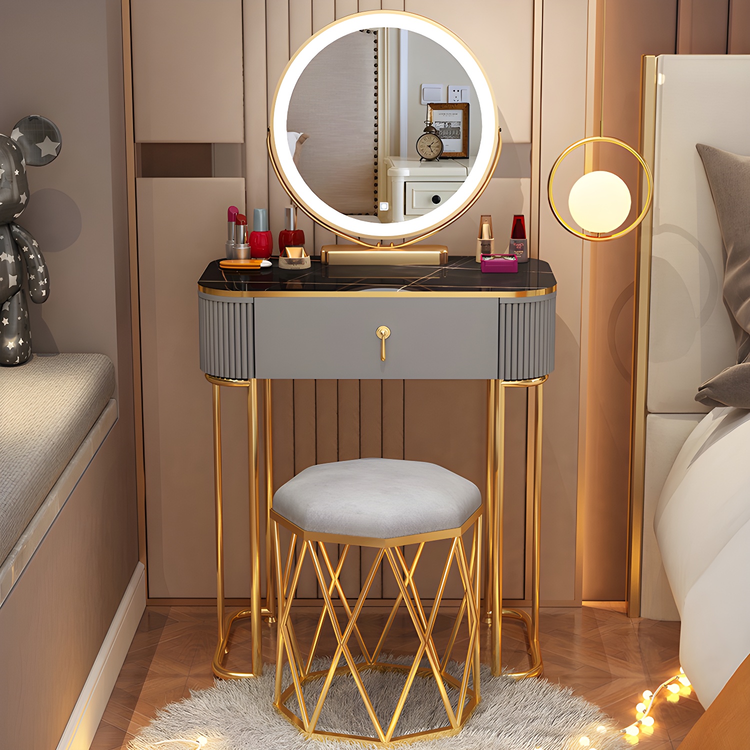 Removable Makeup Counter Bedroom Vanity Dressing Table with Lighted Mirror