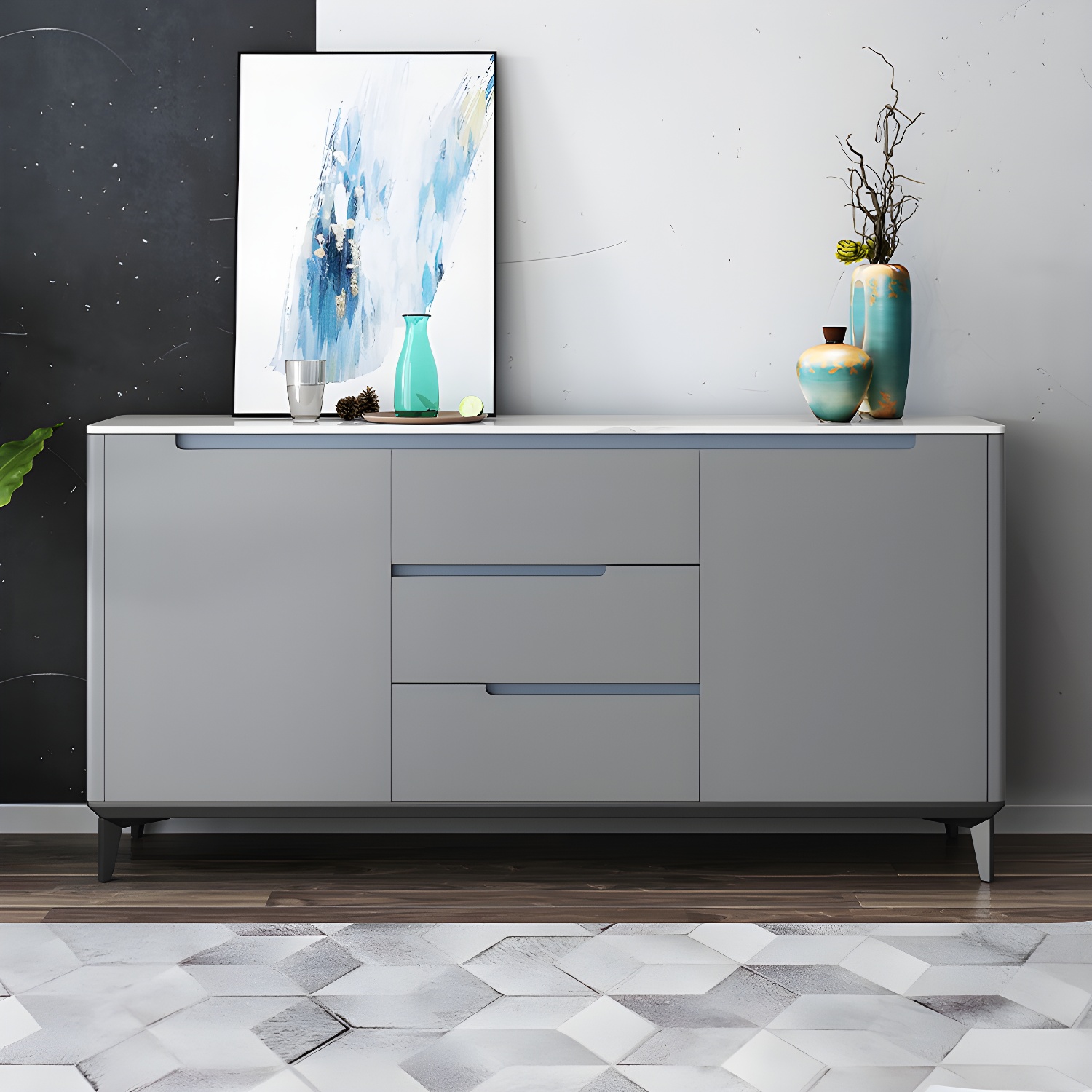 Modern Antique Finish Credenza 3 Drawer Sintered Stone Sideboard Cabinet - image 7