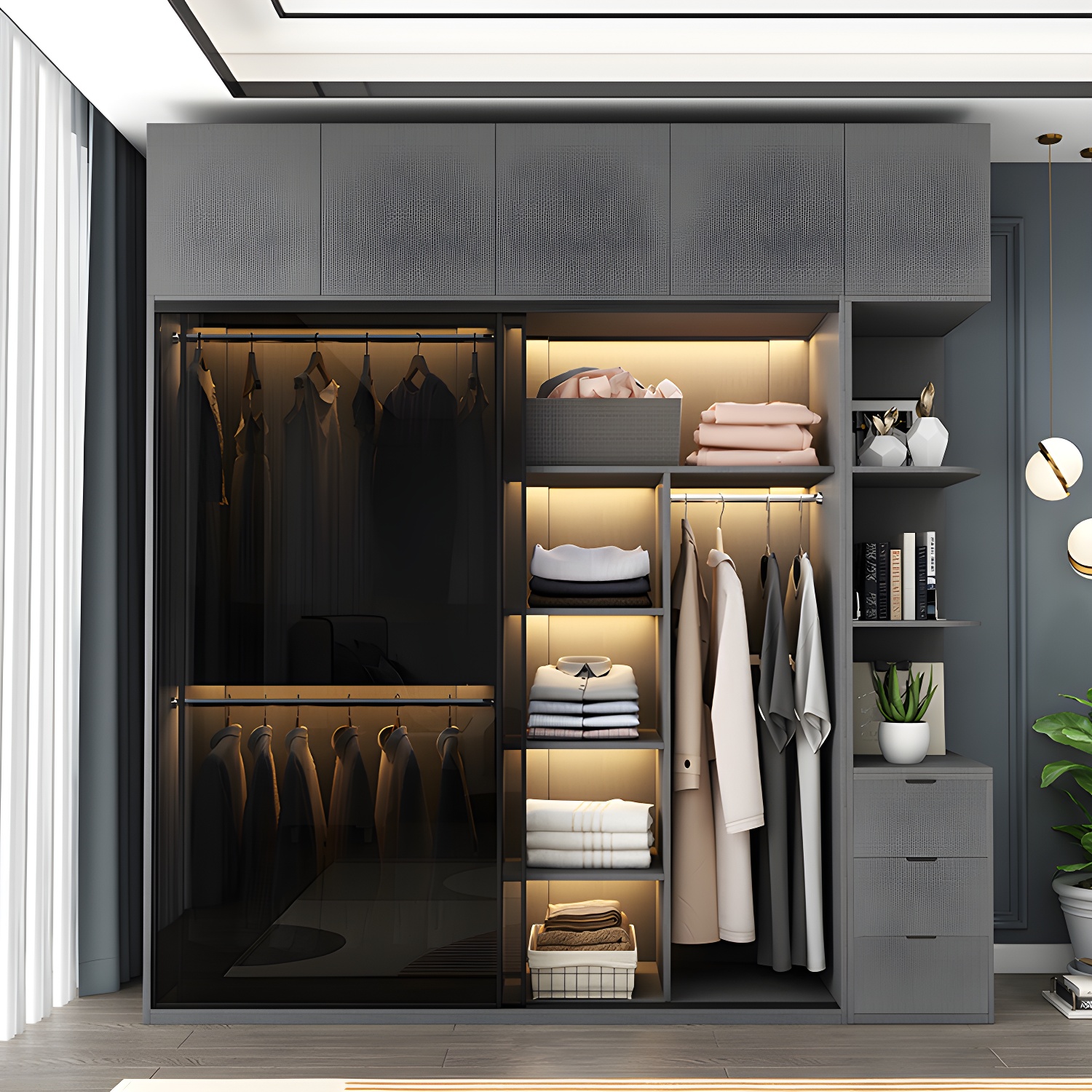 Modern Style Glass Wardrobe Bedroom Wardrobe Closet with 1 Drawer - image 3