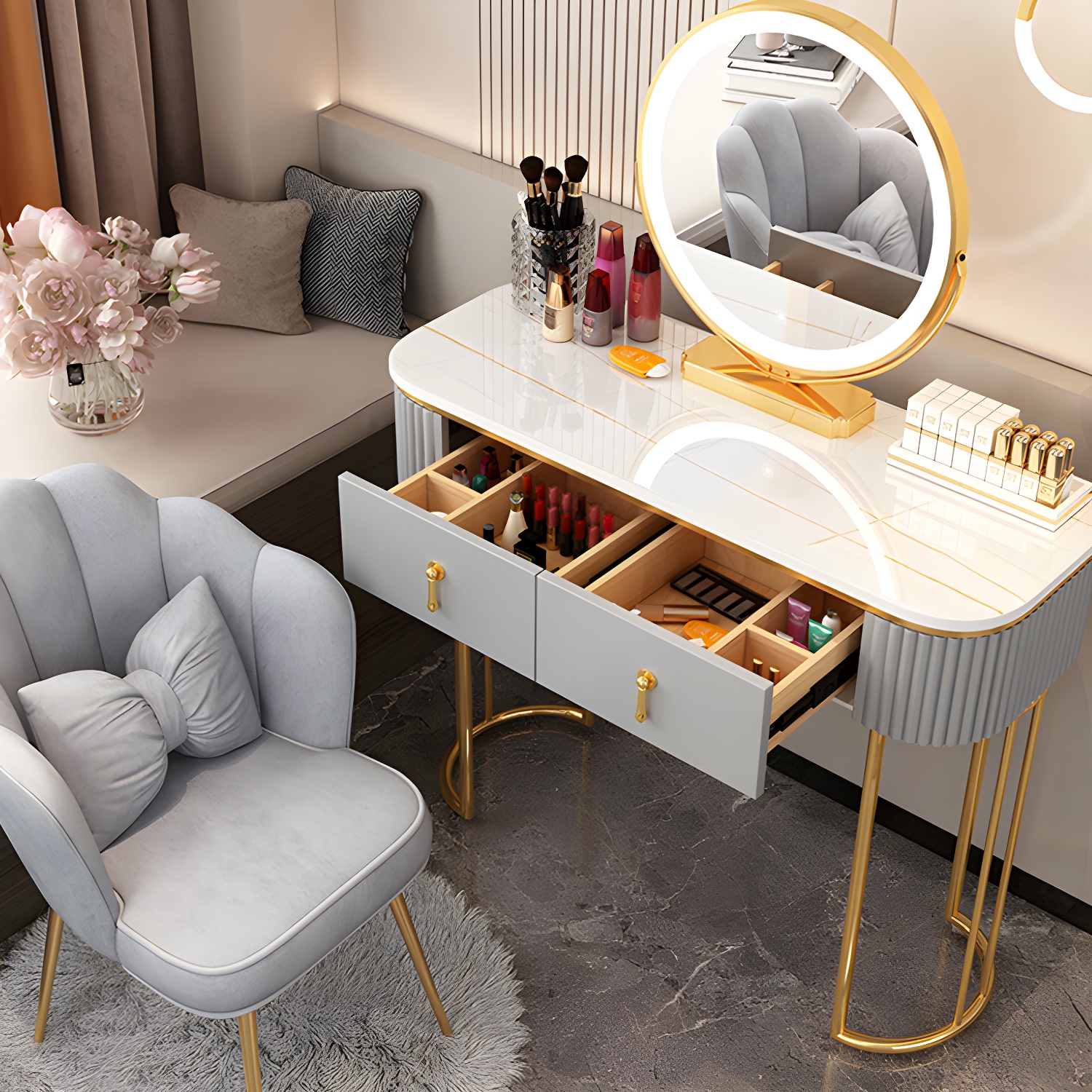 Lighted Mirror Makeup Vanity Storage Box Vanity Dressing Table for Bedroom - image 8