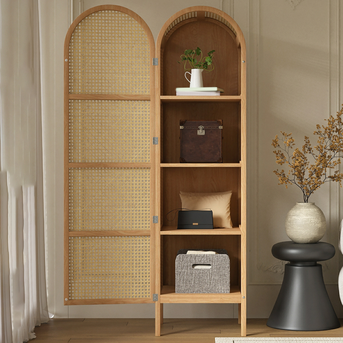 Scandinavian Rattan Wood Wardrobe with 4 Feet and Shelves for Bedroom - image 4