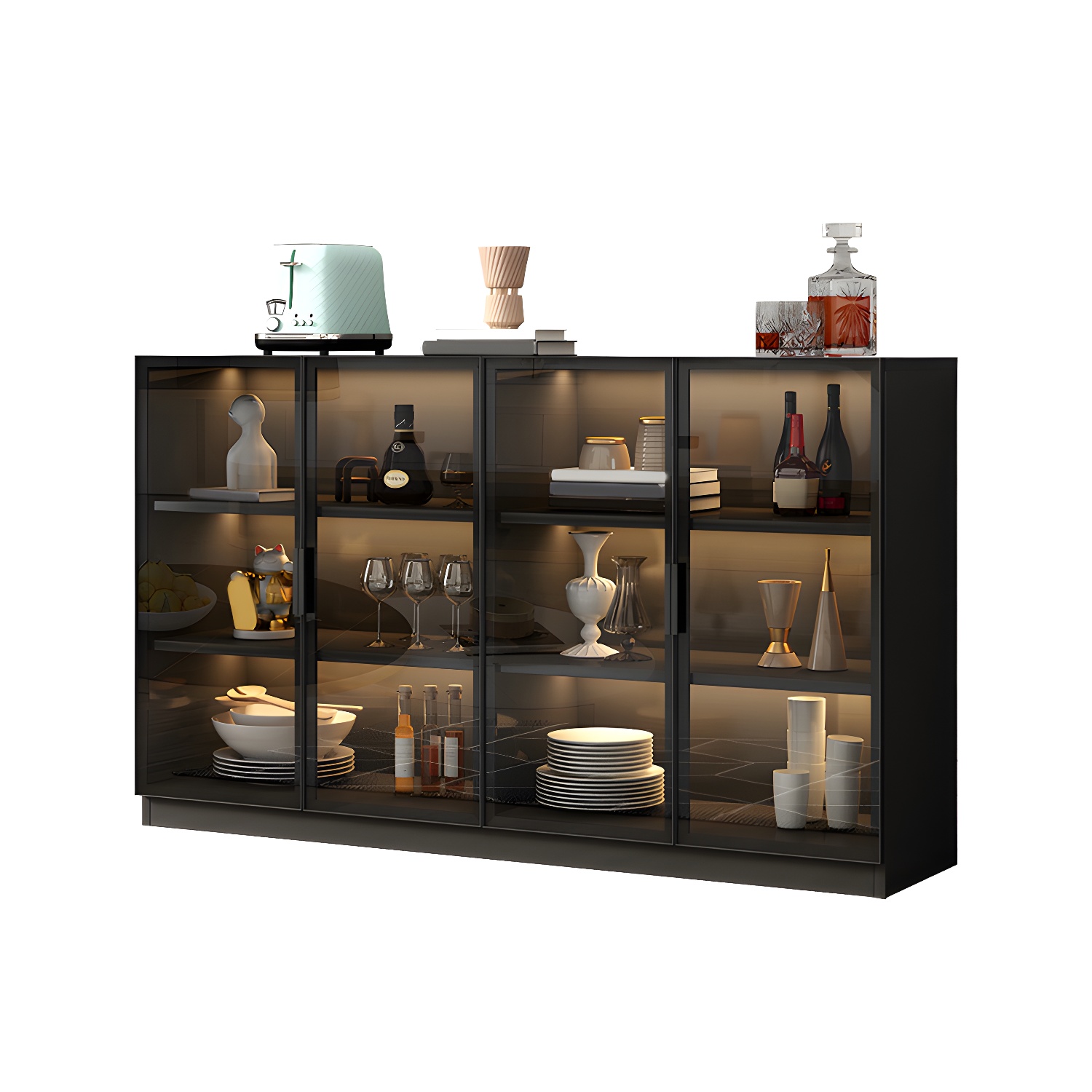 Black Modern Wood Sideboard Credenza with Glass Doors and Interior Shelves - image 5