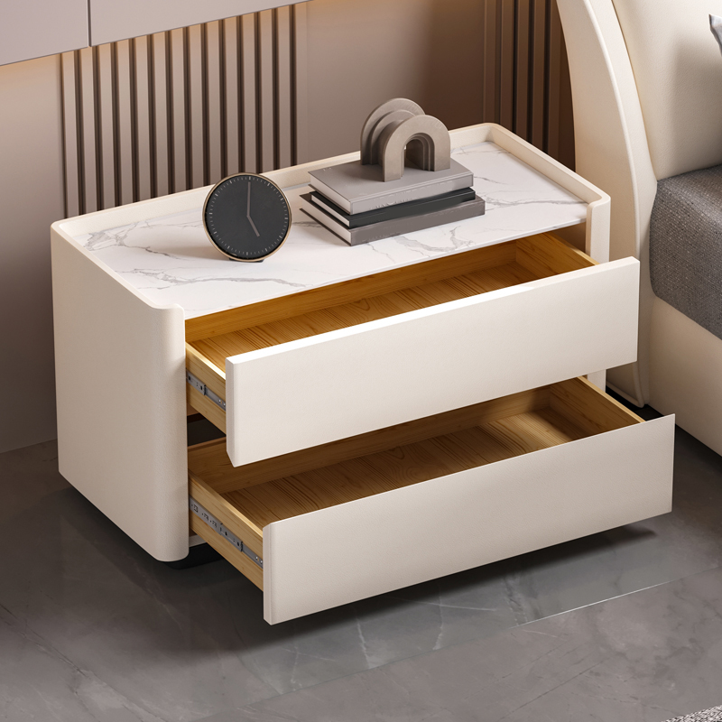 Modern Faux Leather Nightstand with 2 Drawers in Stone Countertop - image 13