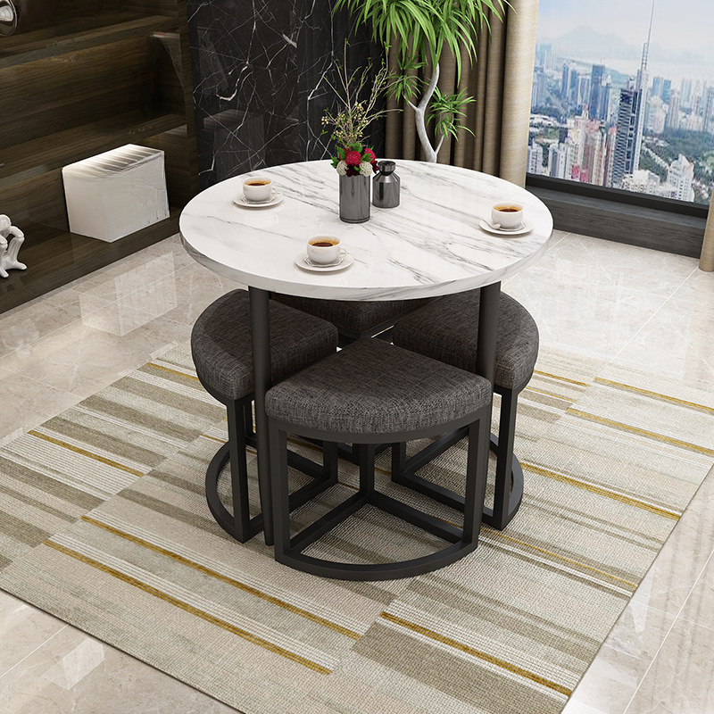 Reclaimed Wood Round Dining Table Set with Metal Toboggan Base and Upholstered Backless Chairs for 4 People - image 39