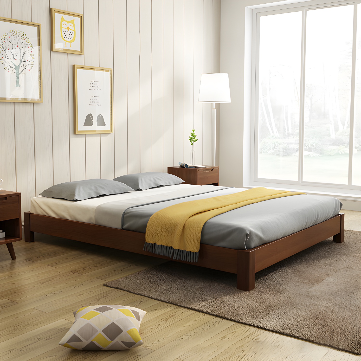 Solid Wood Standard Bed Contemporary Rubberwood Platform Bed with Legs - image 16