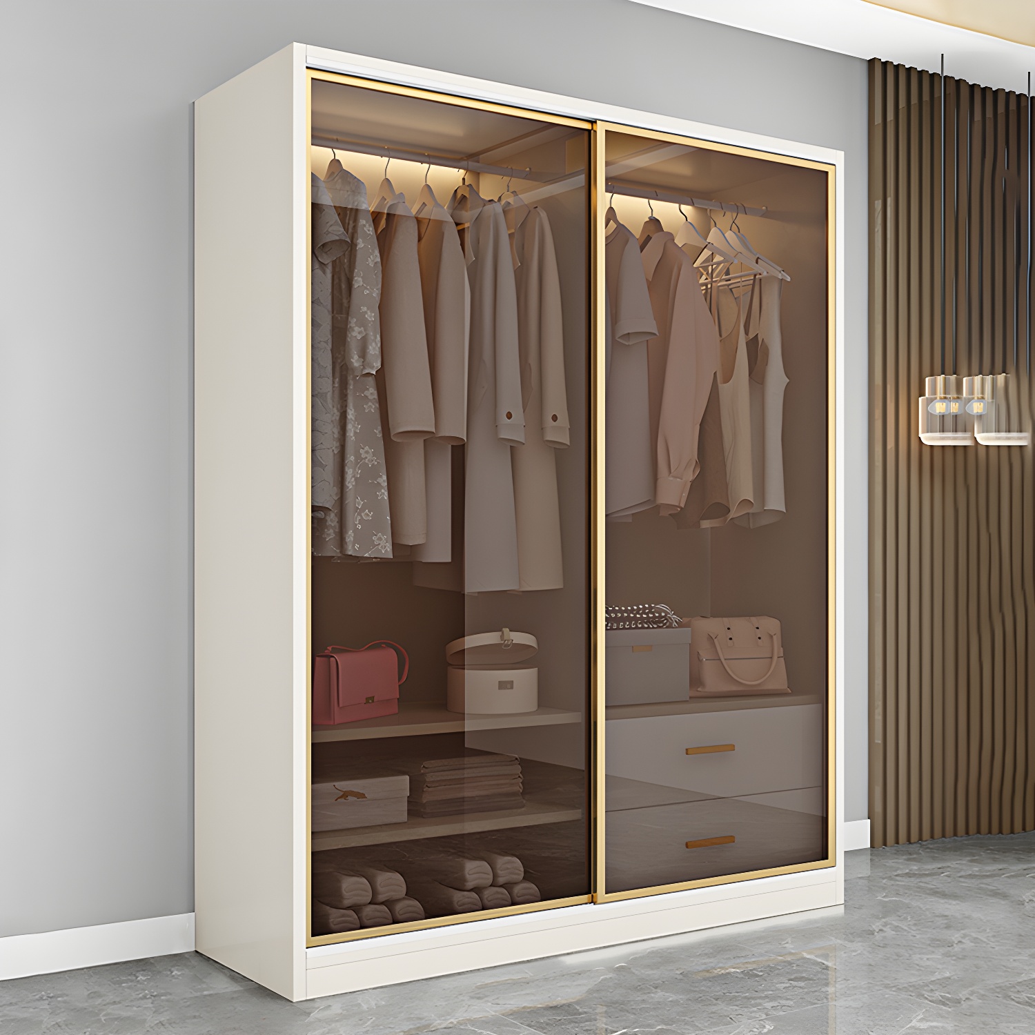 Modern White Wood Frame Wardrobe Freestanding Wardrobe with Sliding Glass Doors - image 4