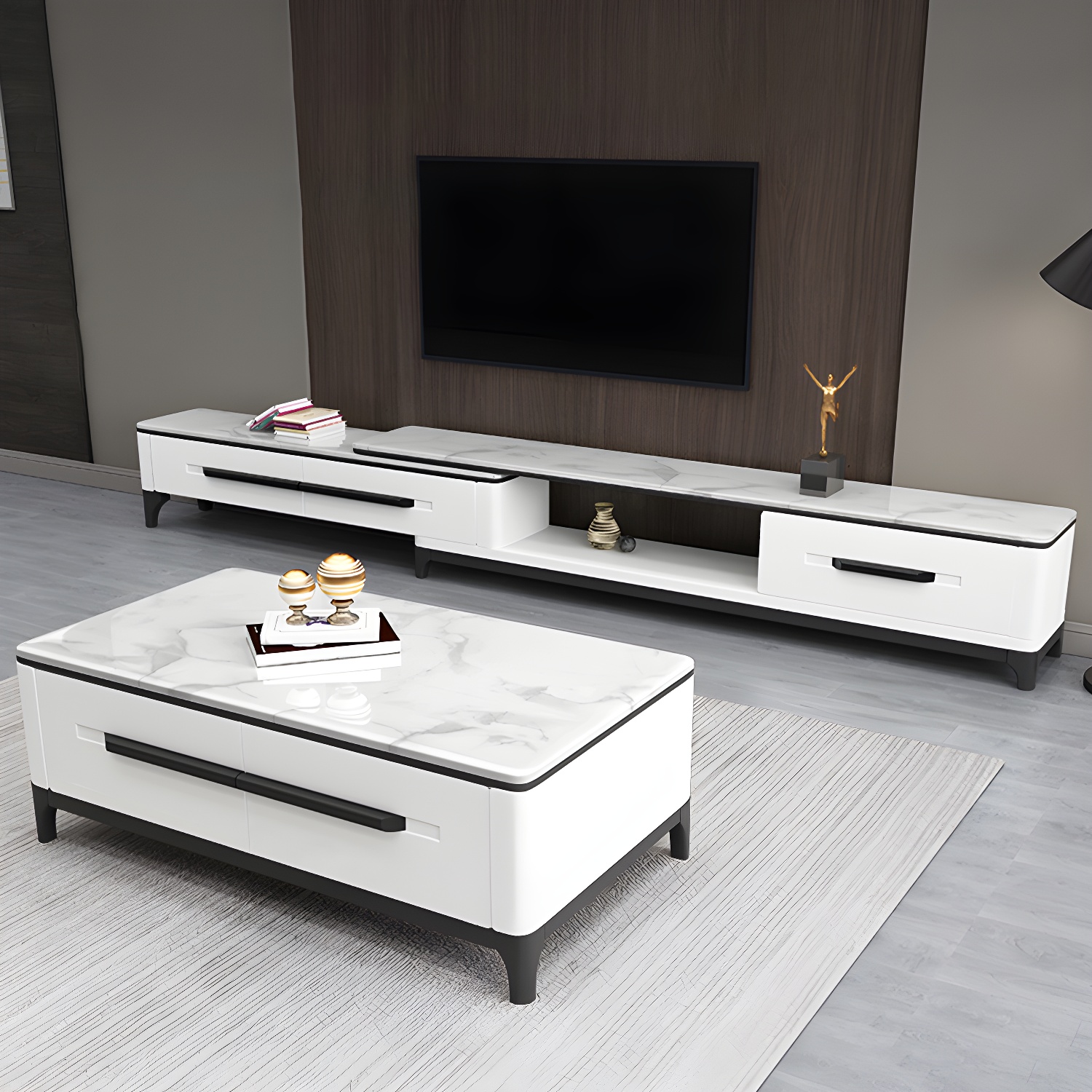 2 Drawers TV Console Modern Stone Media Console with Splayed Wooden Legs - image 4