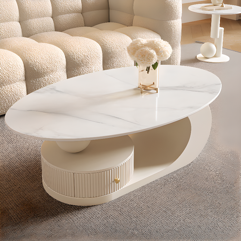 White/Midnight Black Scratch-proofed Oval Sintered Stone Board Game Coffee Table with Abstract Base and 1 Drawer for Living Room - image 4