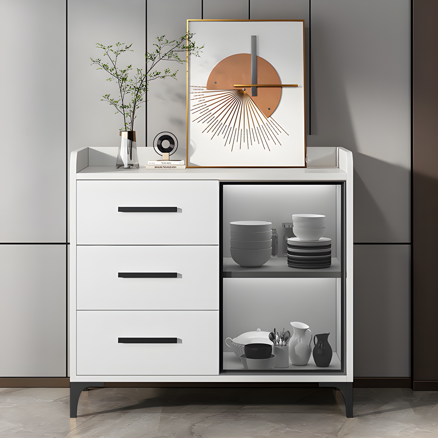 Glam Style Sideboard Wood Glass Doors Side Board with Cabinets and Drawers without Light - image 7