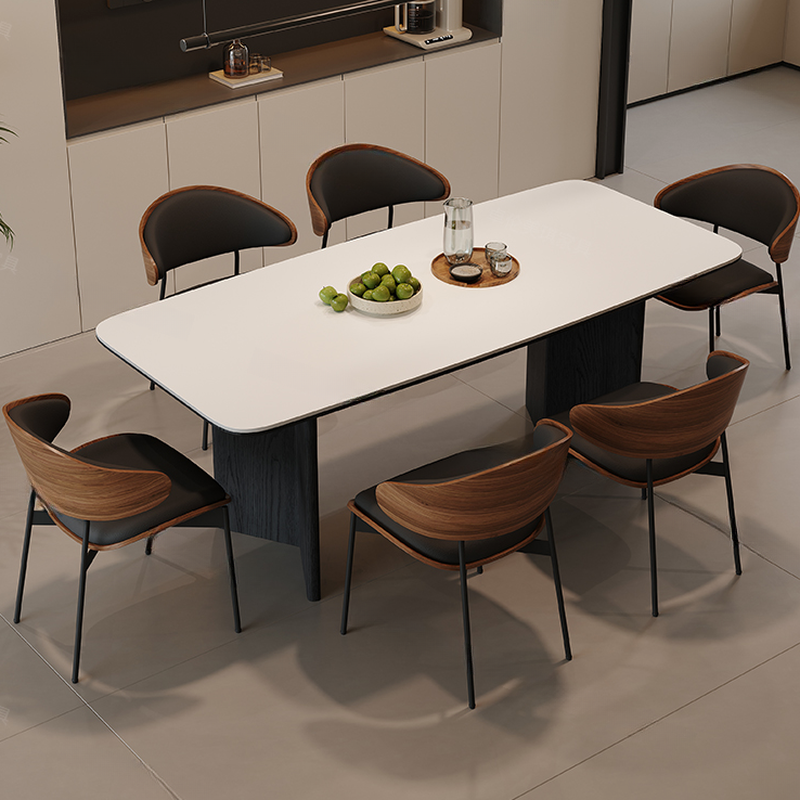 Minimalist Dining Table Set with Two-sided Pedestal, Fixed Table, Padded Chair with Back, and White Table Top - image 4