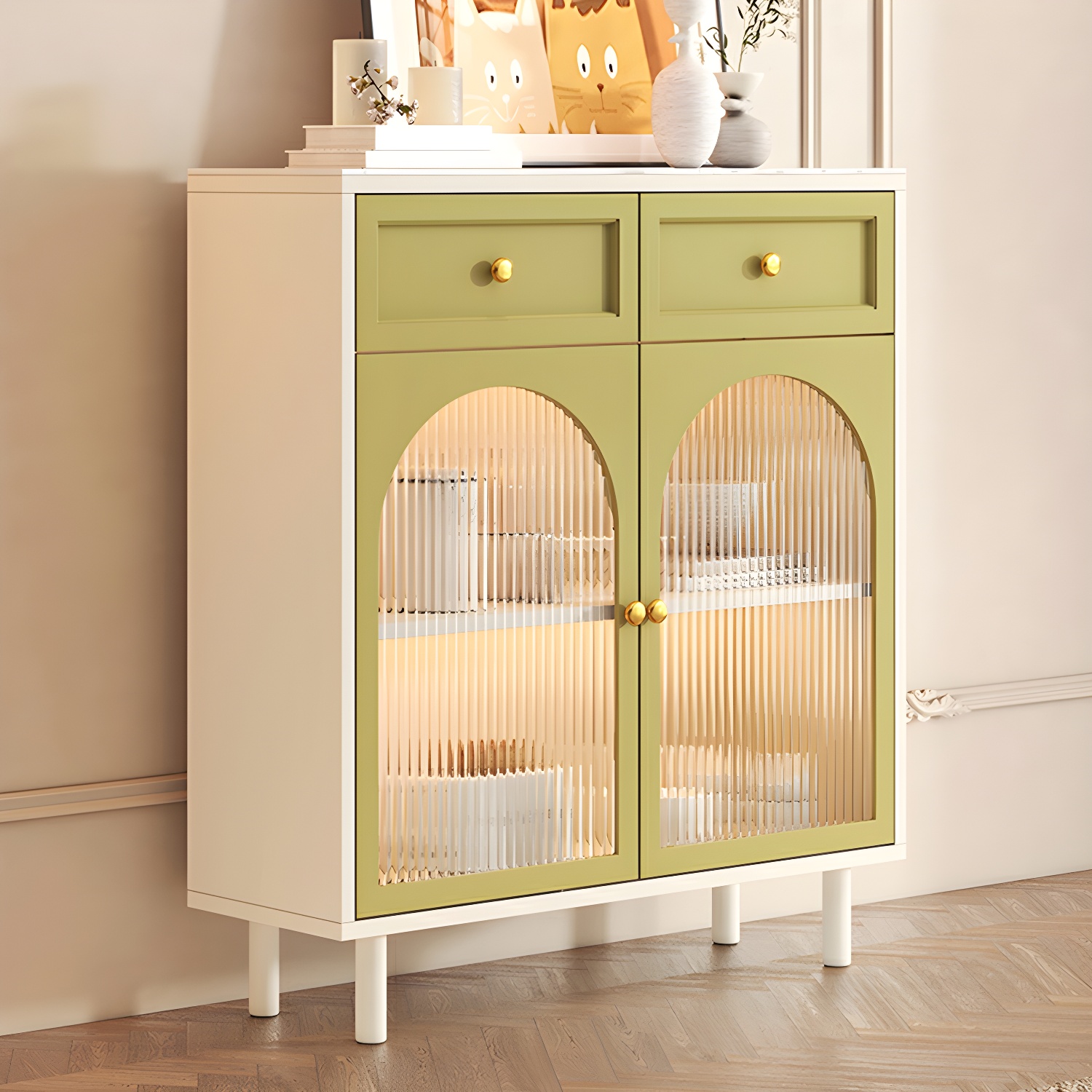Scandinavian Wood Sideboard with Stone Countertop and Glass Doors