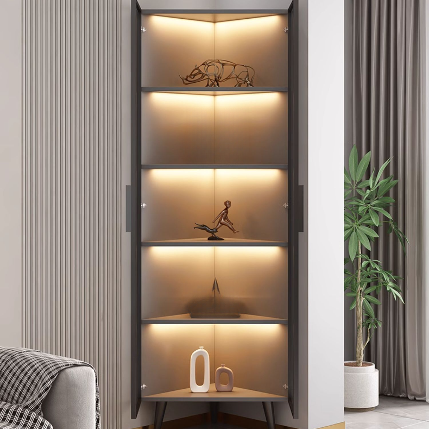 Dove Grey Scratch-immune Corner Accent Cabinet with Cabinet, Glass-panel Door, Adjustable Shelving and Handle Bars - image 3