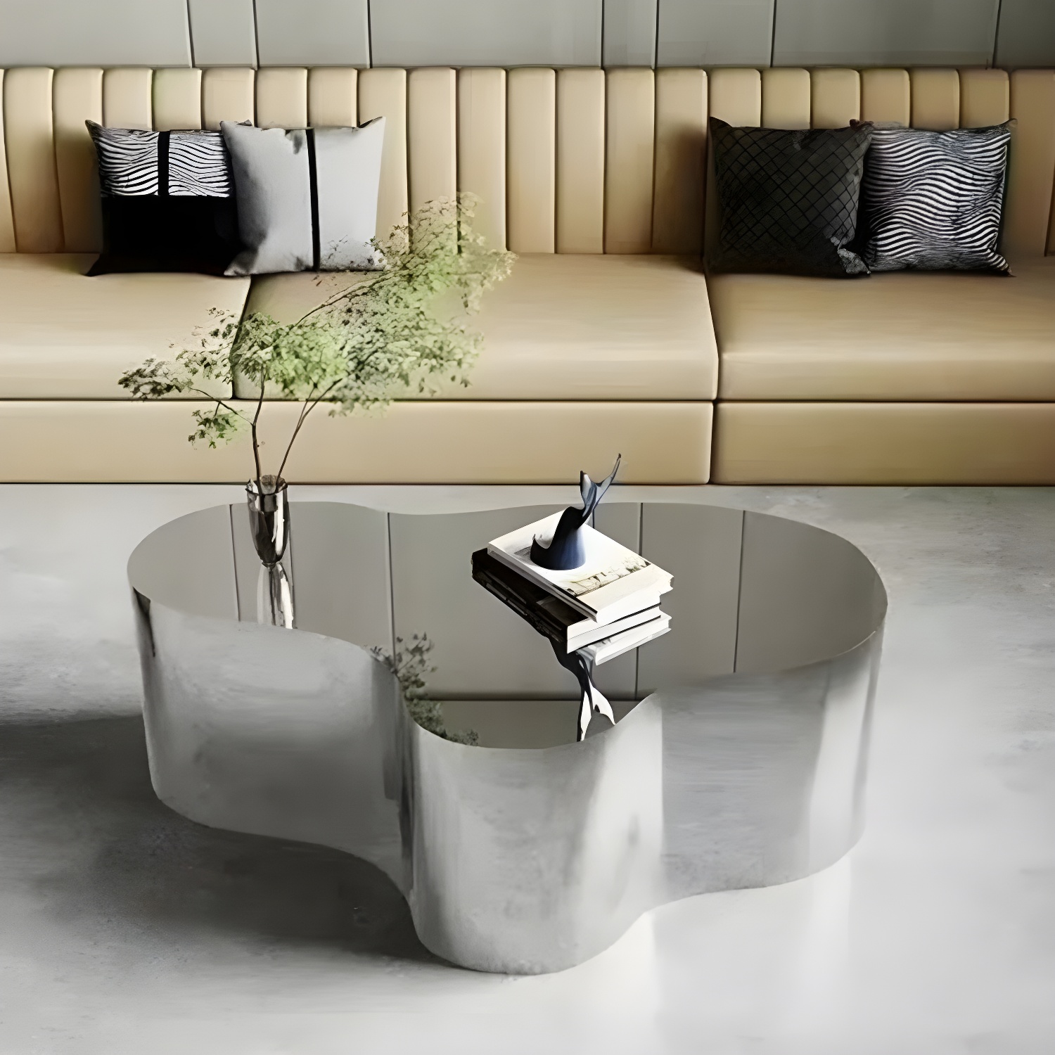 Silver Modern Coffee Table with Free Form Metal Top and Abstract Stainless Steel Base - image 12