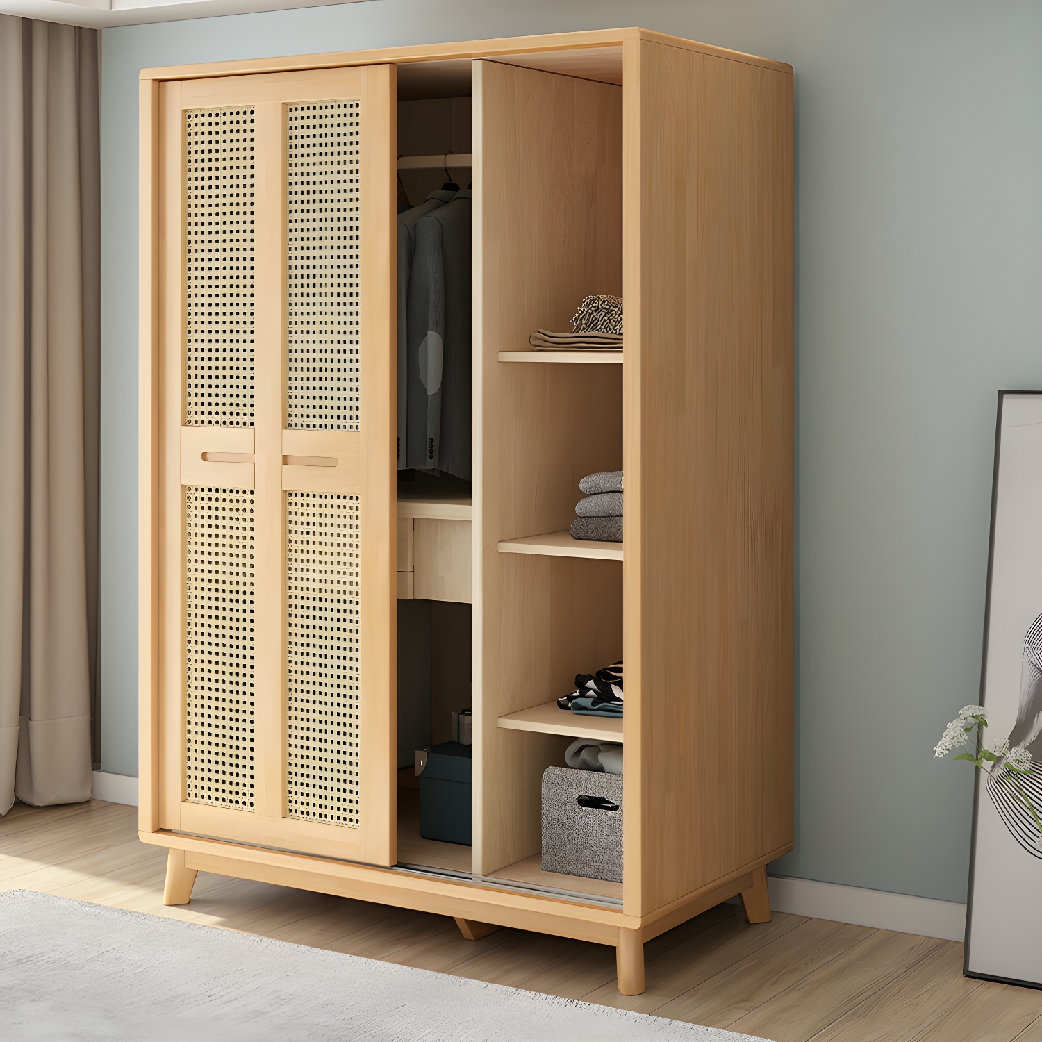 Scandinavian Wood Rattan Cabinet Doors Wardrobe with Clothing Rod and Four Feet - image 3