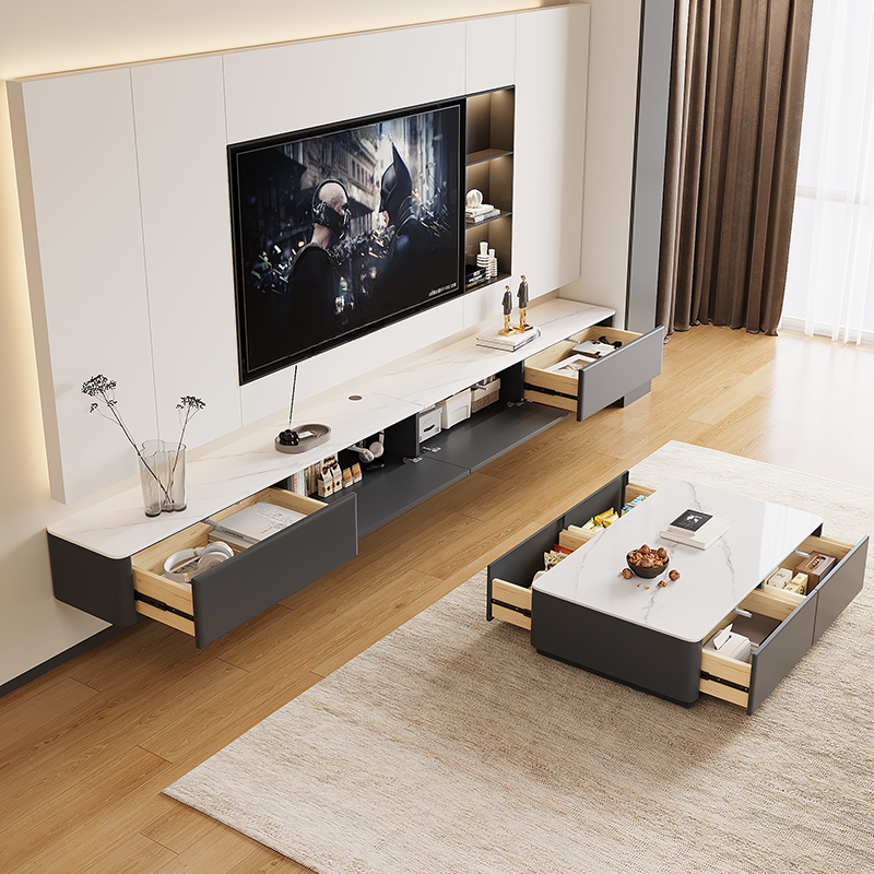 Art Deco Stone Rectangular TV Stand with 2 Drawers and 2 Cabinets Featuring Cable Management - image 7