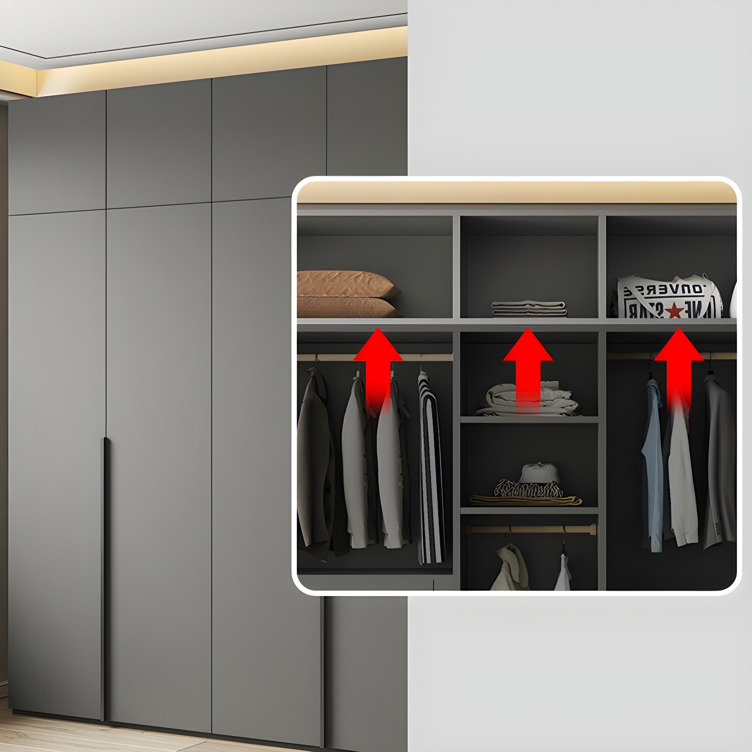 Modern Grey Wood Wardrobe Armoire with Drawers & Shelves for Ample Storage - image 8