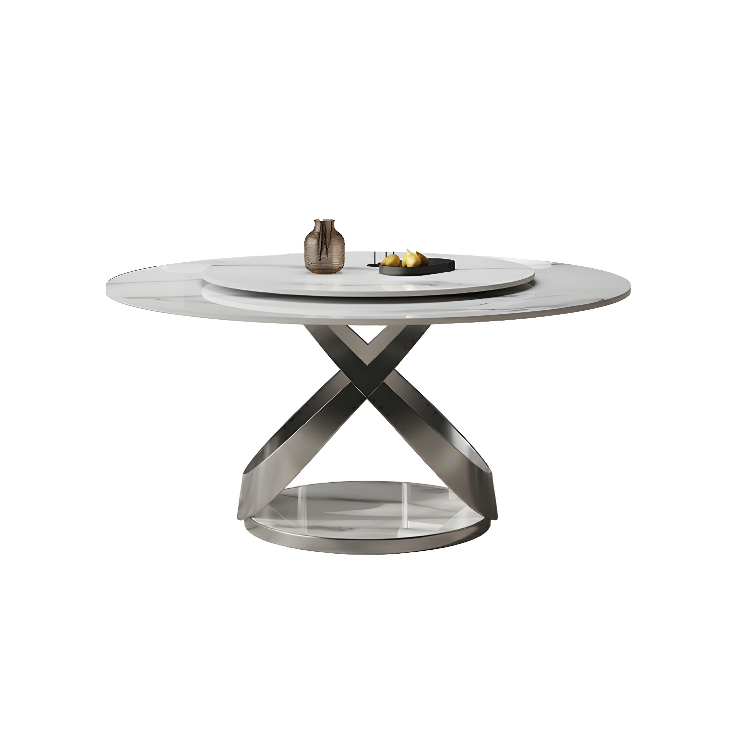 Stunning White Stone Round Dining Table with Lazy Susan and Silver Steel Pedestal Base - image 3