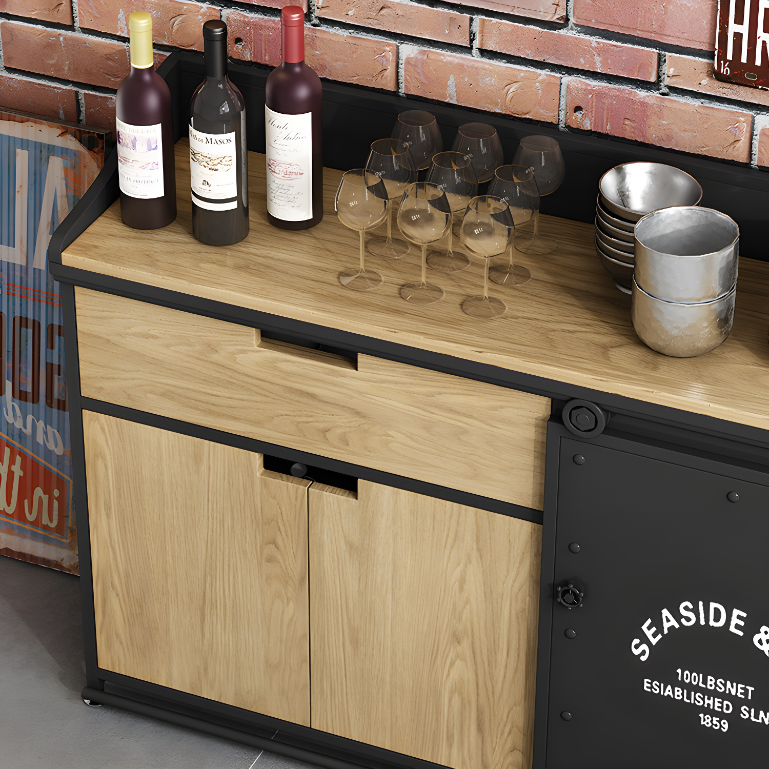 Modern Metal Sideboard with Wood Countertop, Cabinets, and Drawers - image 10