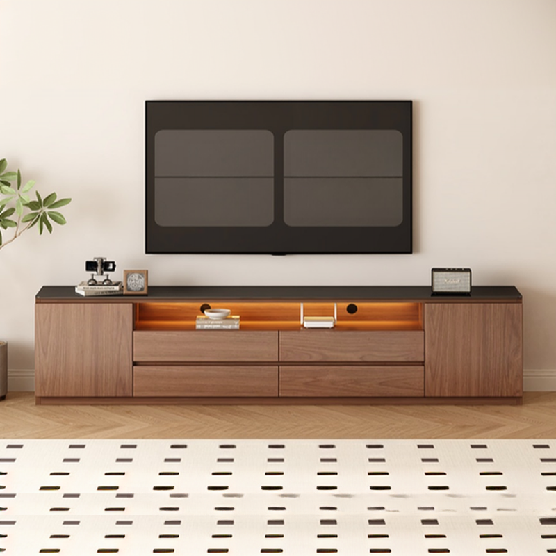 Brown TV Stand with Uncovered Storage, Shelf, 4-Drawer, 2 Cabinets/4 Cabinets, Cable Management & Light
