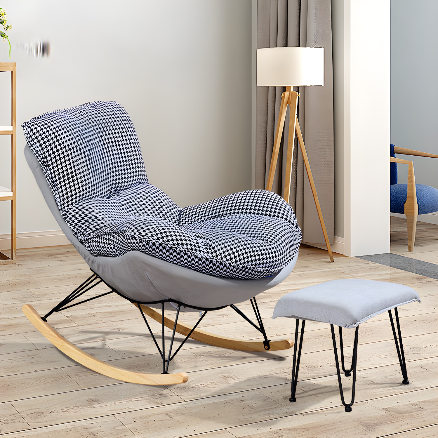 Modern Style Rocker Chair Metal Frame Spindle Cushions Rocker Chair with Ottoman - image 3