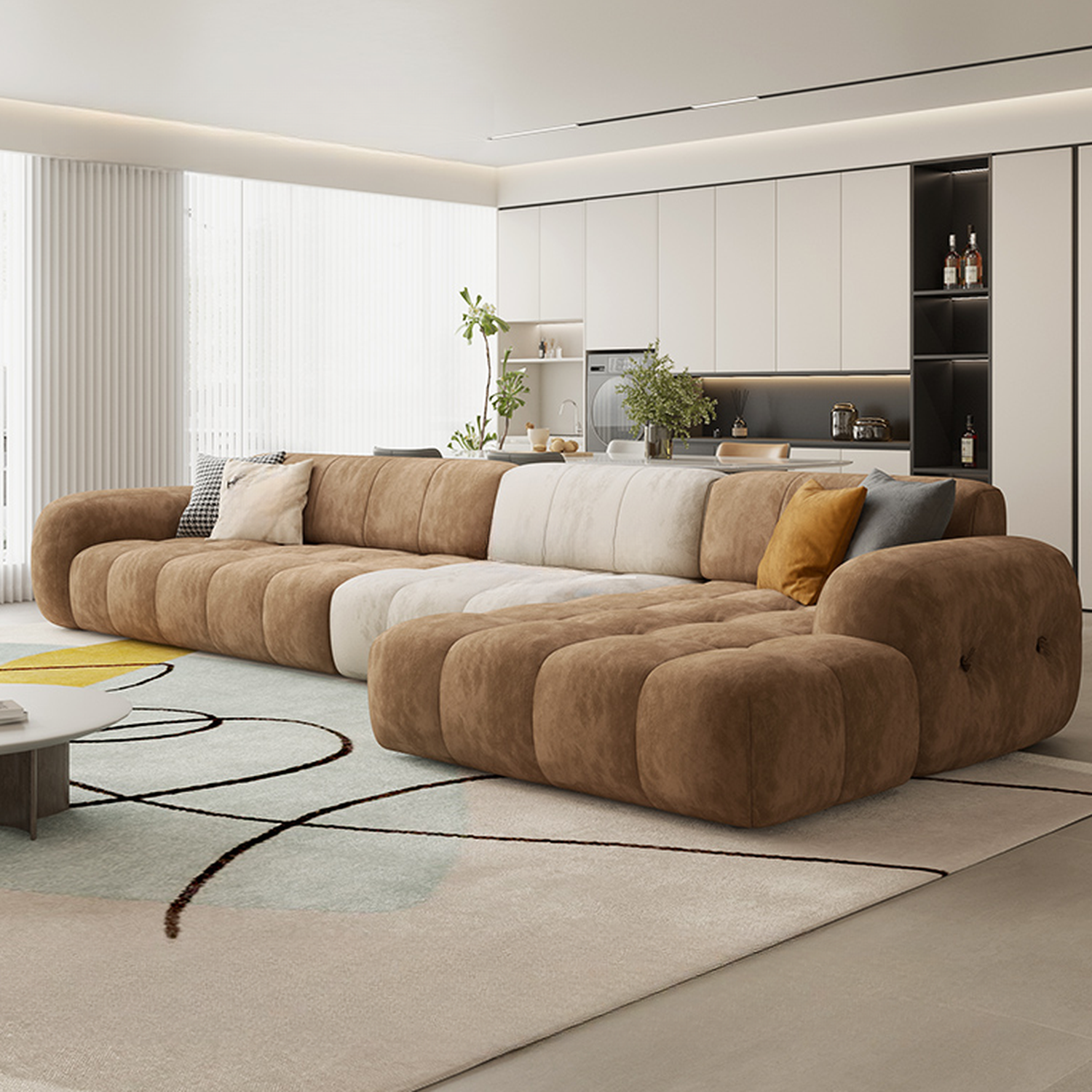 Channel Back L-Shape/Straight Right Hand Facing/Horizontal Sofa Recliner/Sofa Couch in Brown/Beige with Concealed Support & Pine Wood Frame for Living Room - image 4