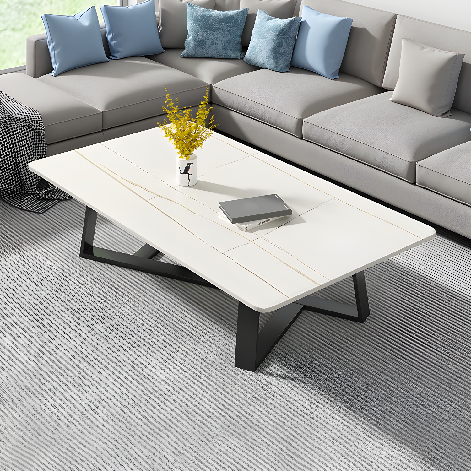 Stone and Metal Coffee Table Contemporary Coffee or End Table with Cross Legs - image 4