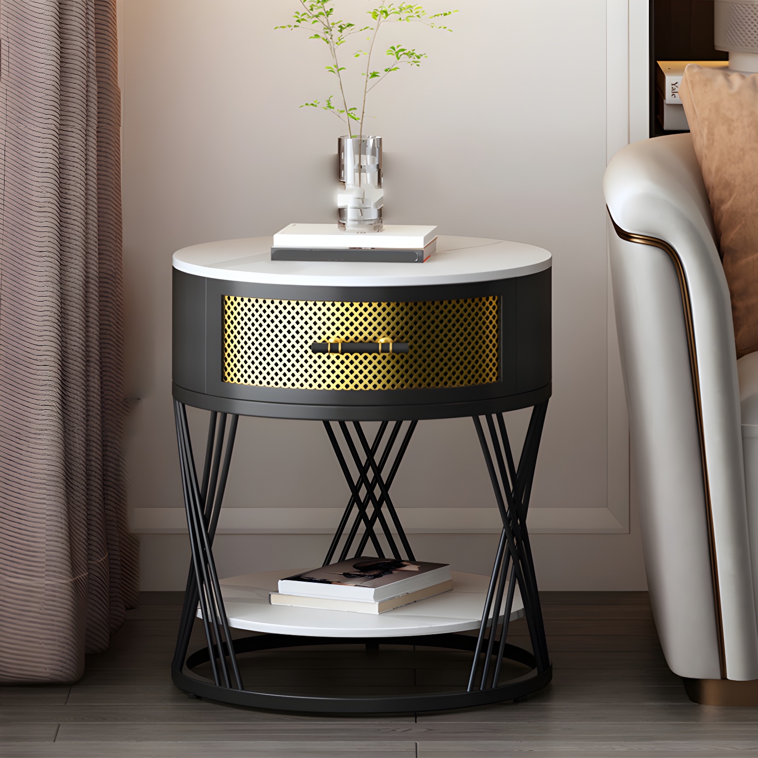 Glam Stone Top Night Table Open Storage 1-Drawer Metal Legs Included Nightstand - image 7