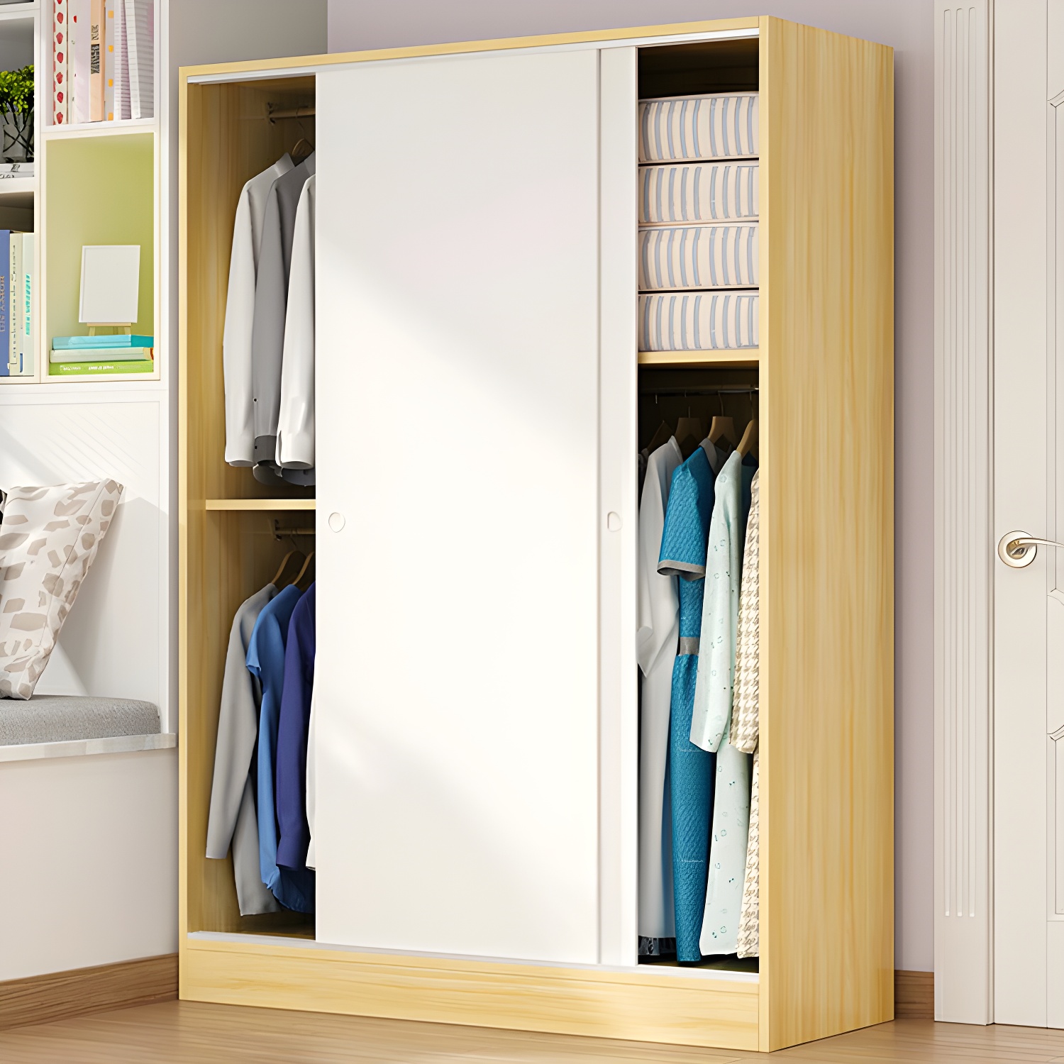 White Wood Double Door Industrial Wardrobe 5 Shelves Cabinet - image 3