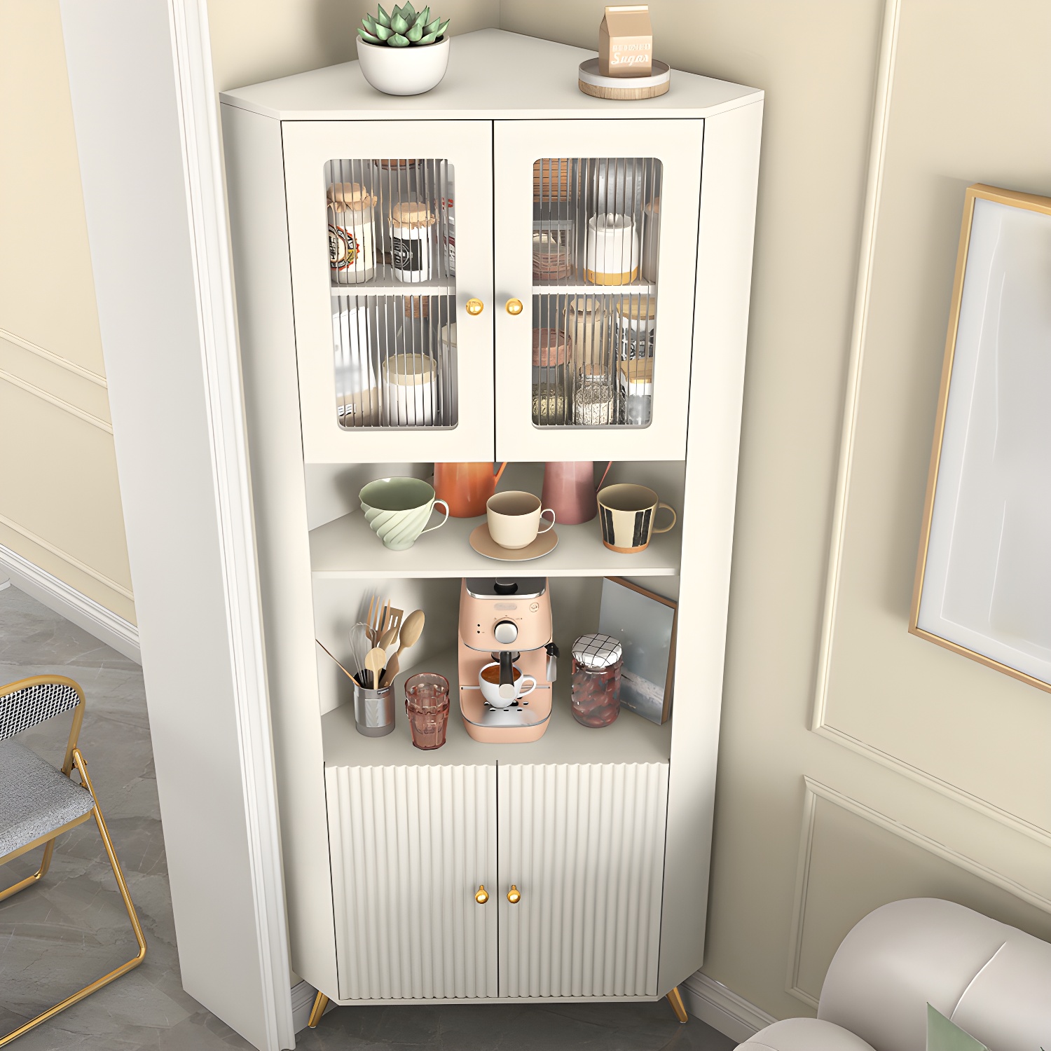 Modern Corner Accent Cabinet with White Wood Countertop, Glass Doors, and Gold Metal Base - image 3