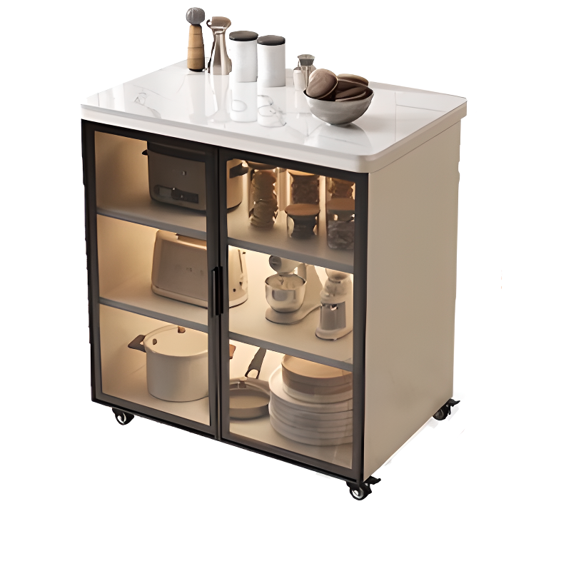 Trendy Sideboard on Caster Wheels with Narrow Stone Countertop, Glazed Door, Adjustable Shelving, and Lighting System - image 6