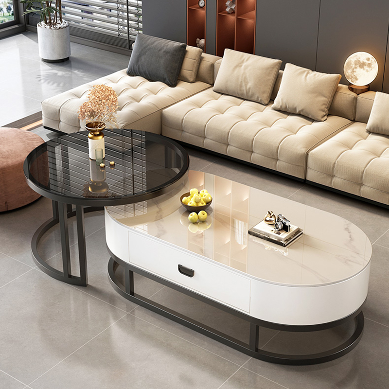 Set of 2 Modern Nesting Stone Coffee Tables with Metal Frame and Drawers - image 9