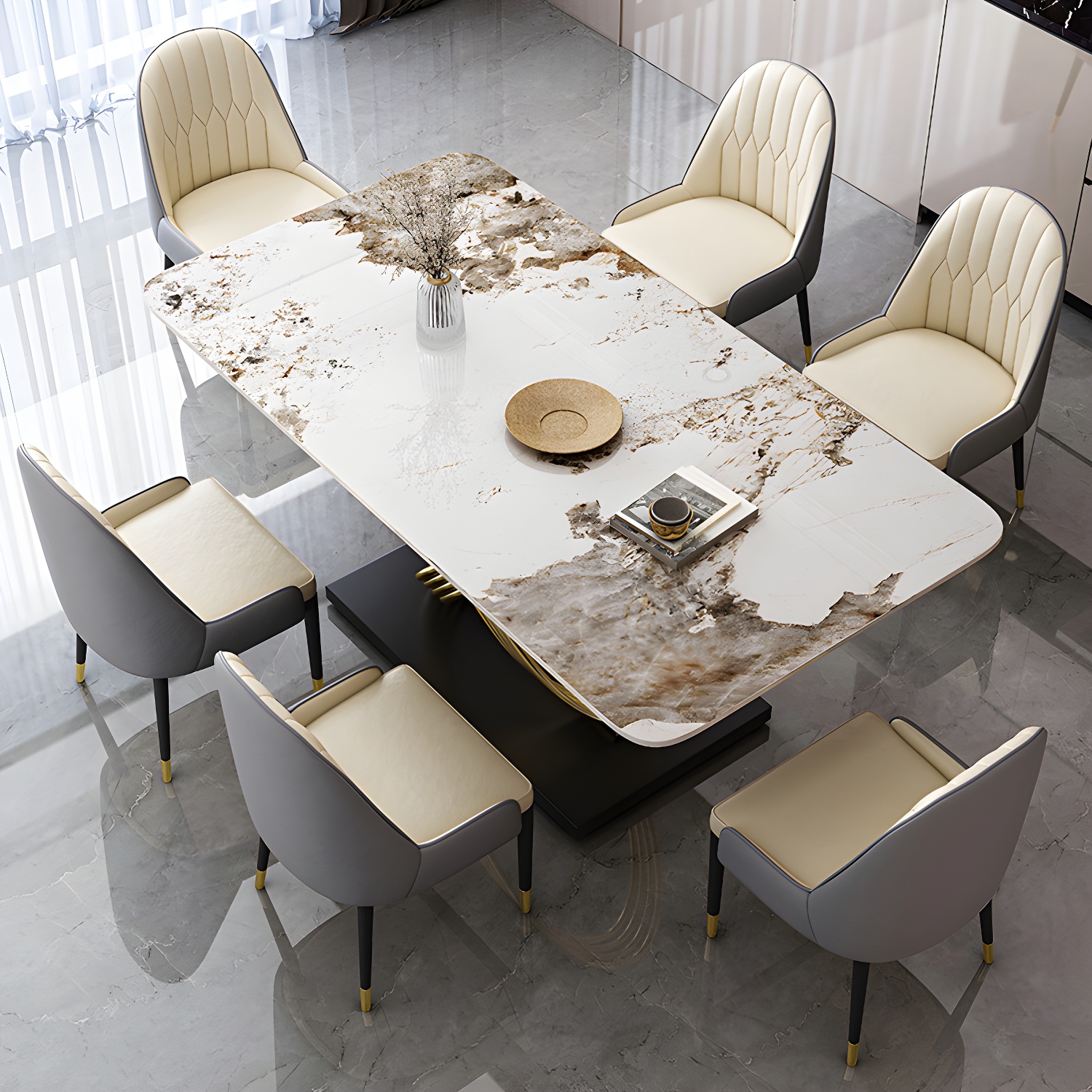 Nordic Glam Rectangle Sintered Stone Table Set 1/4/5/7 Pieces Dining Set