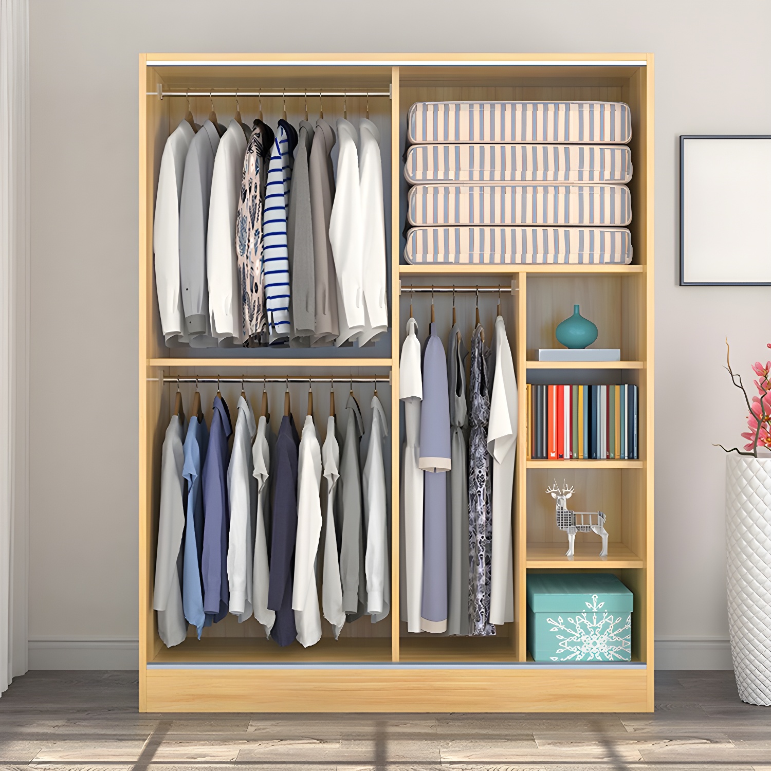 White Wood Double Door Industrial Wardrobe 5 Shelves Cabinet - image 10