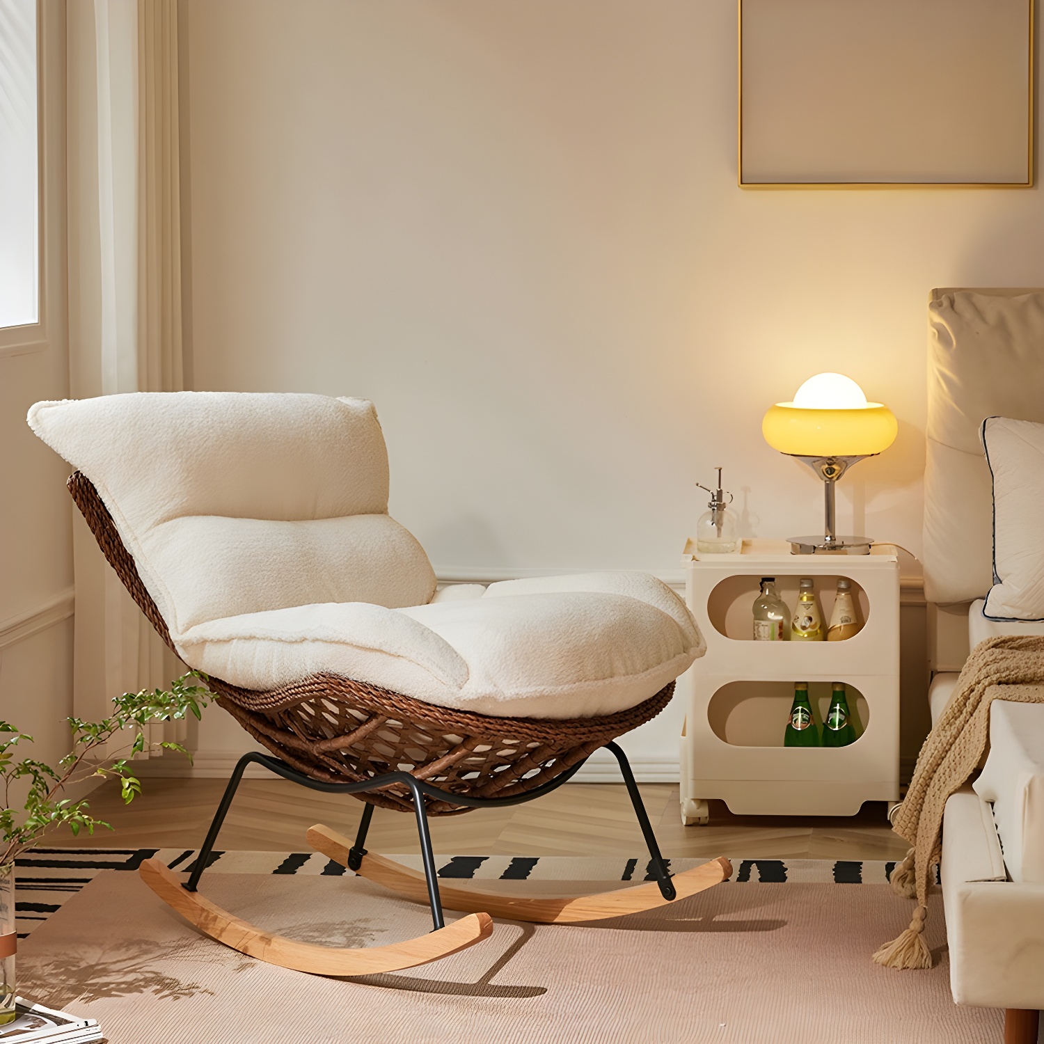 Traditional Armless Design Indoor Rocking Chair with rattan Frame and Nature Wood Legs - image 7